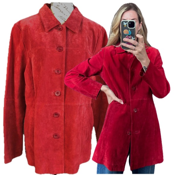 Vintage Jackets & Blazers - Vintage Cherokee 100% Suede Leather Red Collared Long Sleeve Button Jacket Coat